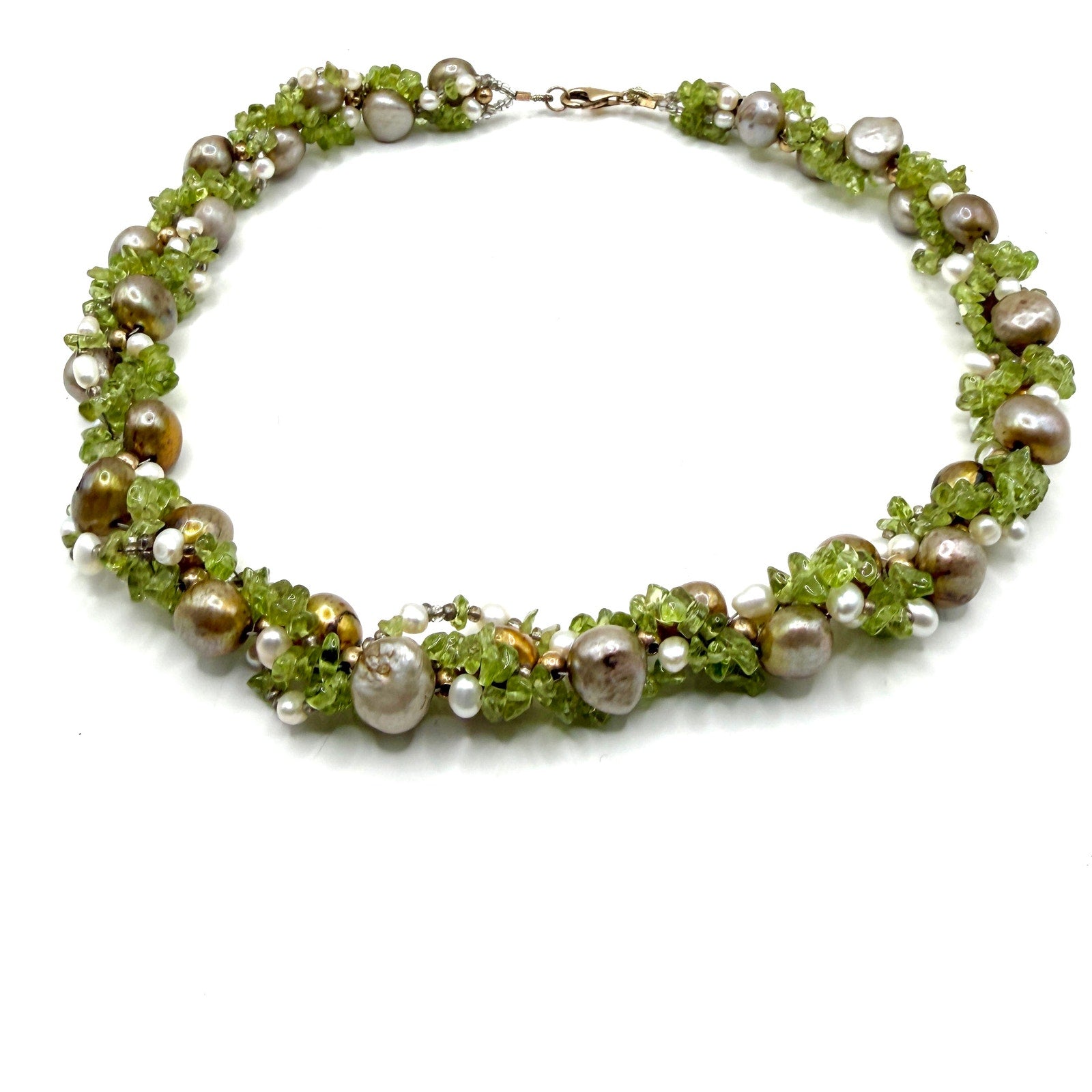 Vintage 90s Green Peridot Bronze Freshwater Pearl Cluster Necklace