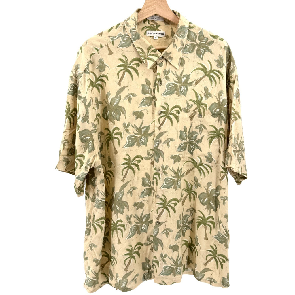 Vintage 90s Pierre Cardin Beige Green Tropical Palm Print Shirt