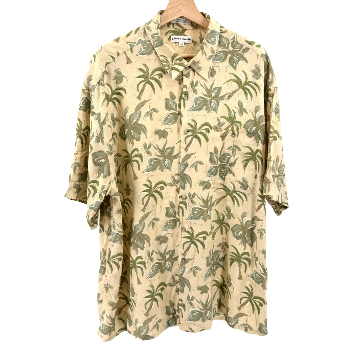 Vintage 90s Pierre Cardin Beige Green Tropical Palm Print Shirt
