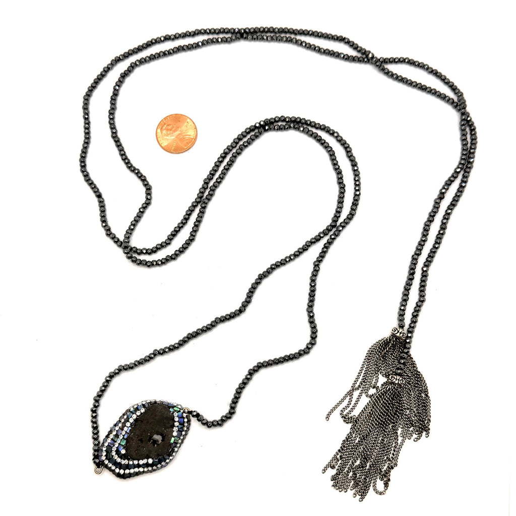 Black Onyx Druzy Abalone Gunmetal Boho Tassel Lariat Necklace