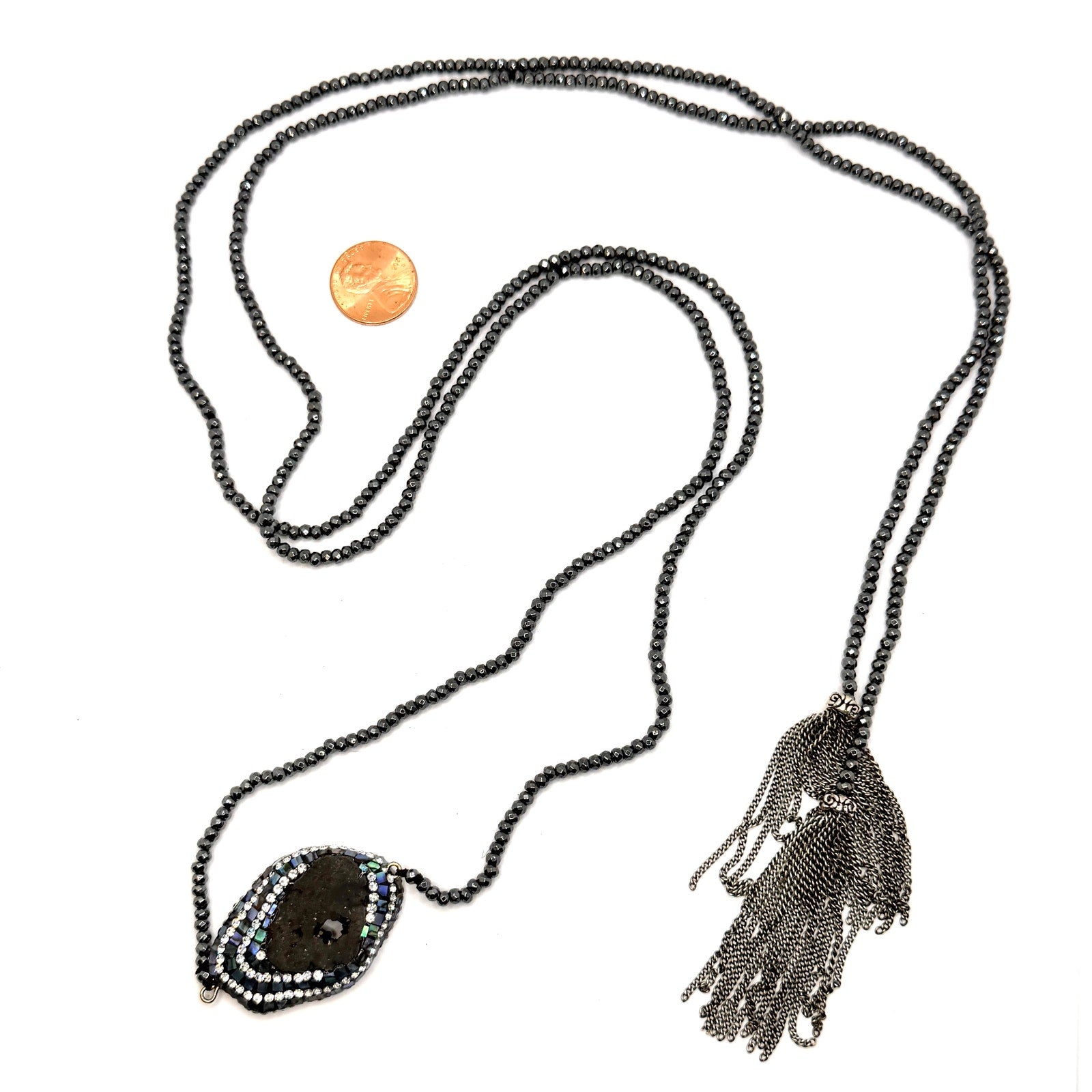 Black Onyx Druzy Abalone Gunmetal Boho Tassel Lariat Necklace