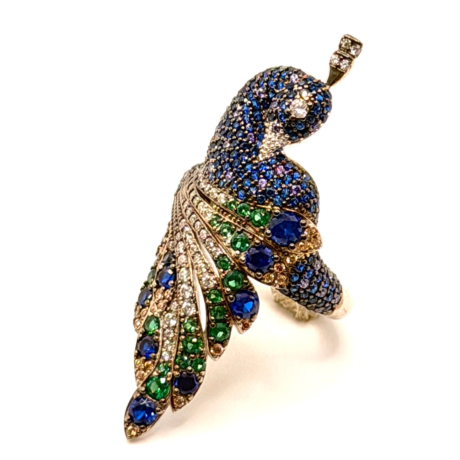 Vintage Y2K Stamped Sterling Silver Multicolored Pave Peacock Statement Ring