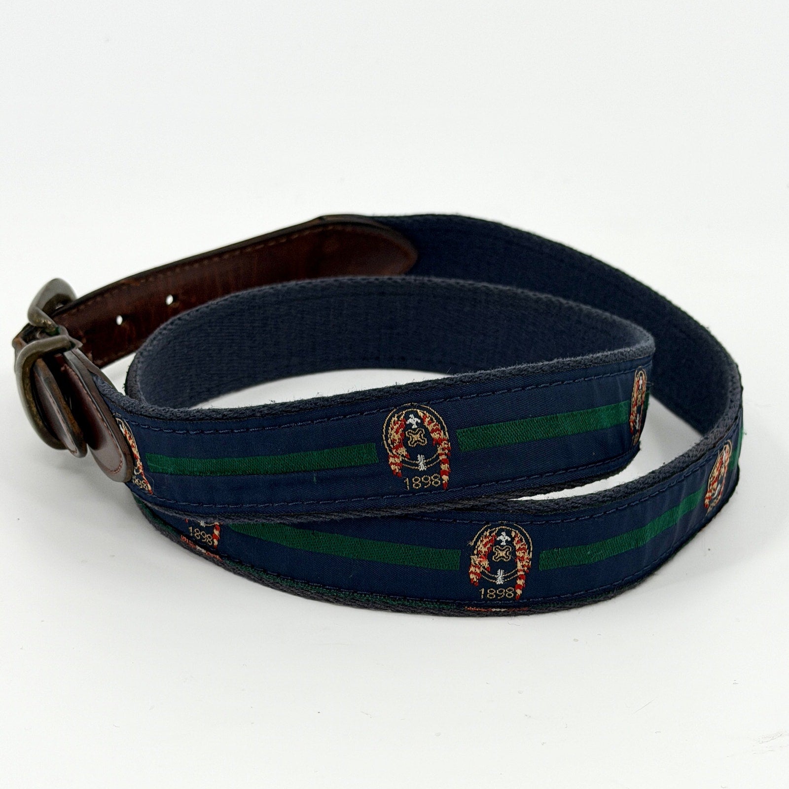 Vintage 80s YRI Navy Green Genuine Leather Preppy Woven Crest Belt