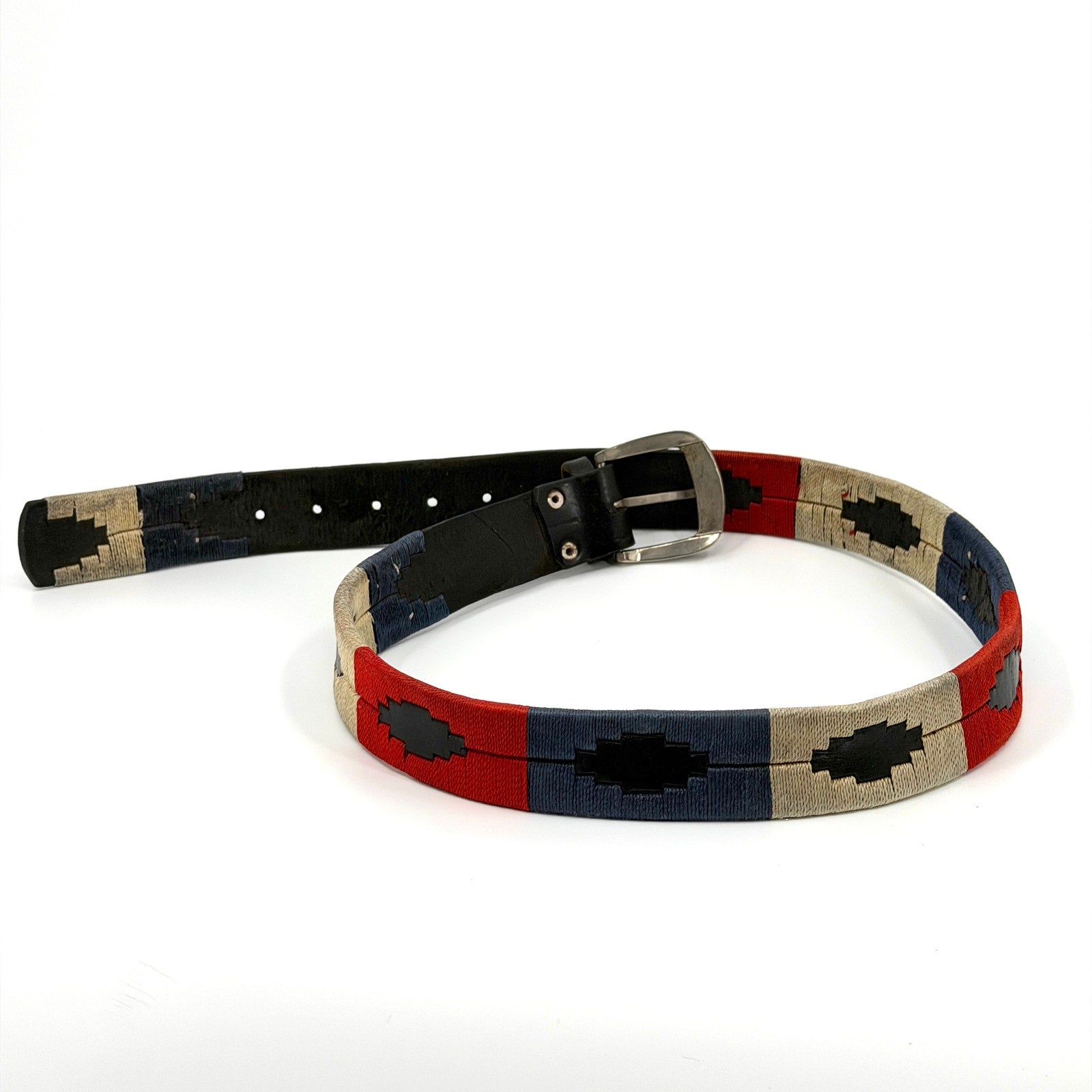 Vintage 90s Black Genuine Leather Aztec Red Blue Stitch Geometric Buckle Belt