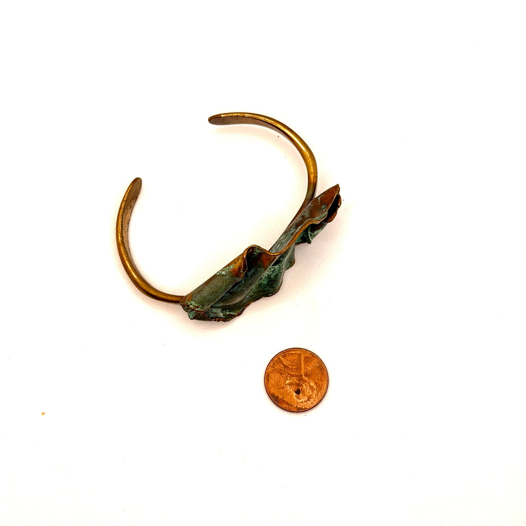 Vintage 70s Brutalist Artisanal Copper Verdigris Patina Sculptural Cuff Bracelet