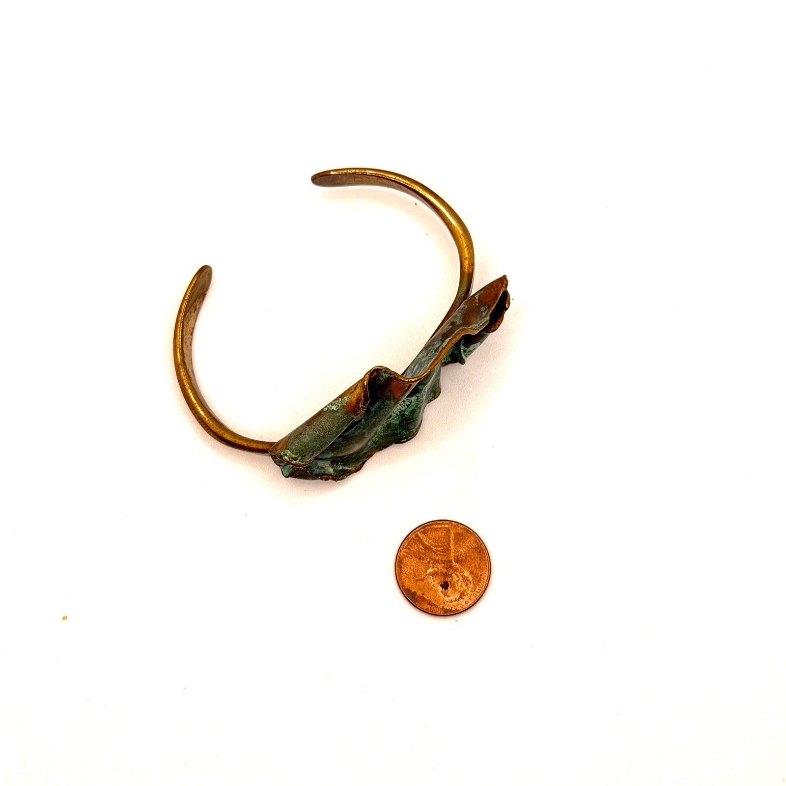 Vintage 70s Brutalist Artisanal Copper Verdigris Patina Sculptural Cuff Bracelet