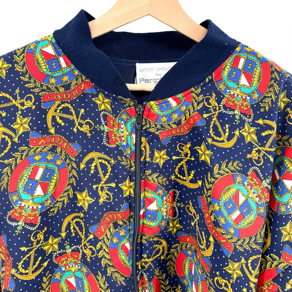 Vintage 80s Periphery Navy Nautical Anchor Crest Print Bomber Jacket