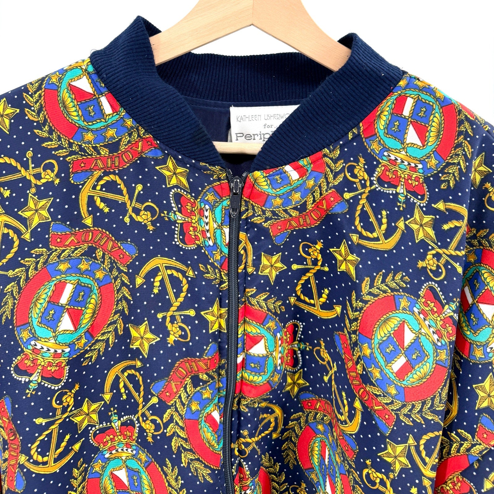 Vintage 80s Periphery Navy Nautical Anchor Crest Print Bomber Jacket