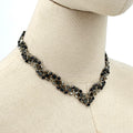 Vintage 90s Black Crystal Hand Beaded V Shape Statement Choker Necklace