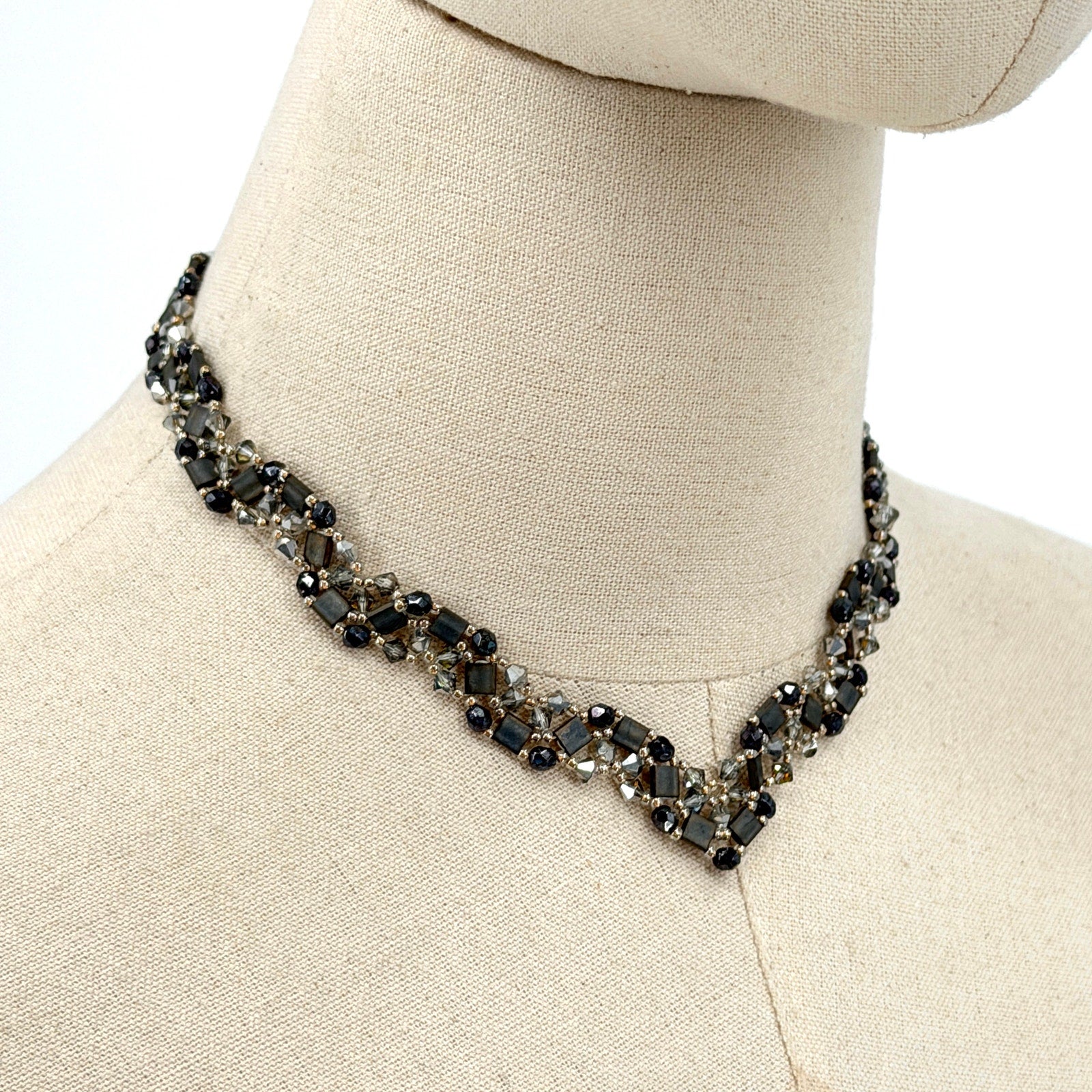 Vintage 90s Black Crystal Hand Beaded V Shape Statement Choker Necklace