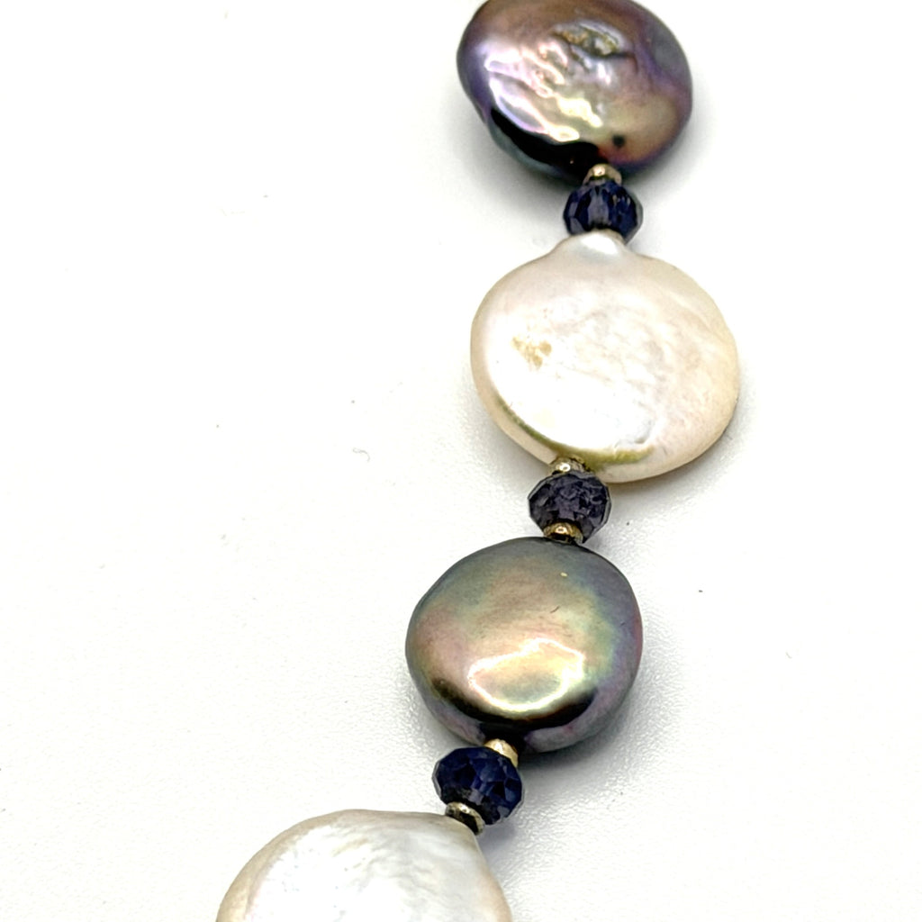 Vintage 90s Genuine Freshwater White Grey Coin Pearl Toggle Statement Necklace