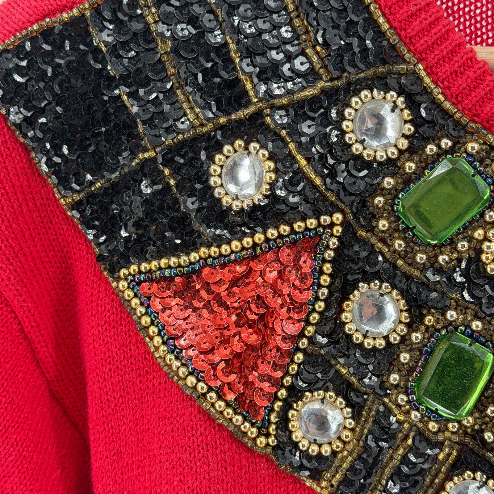 Vintage 90s Victoria Harbor Red Maximalist Jeweled Beaded Collar Sweater