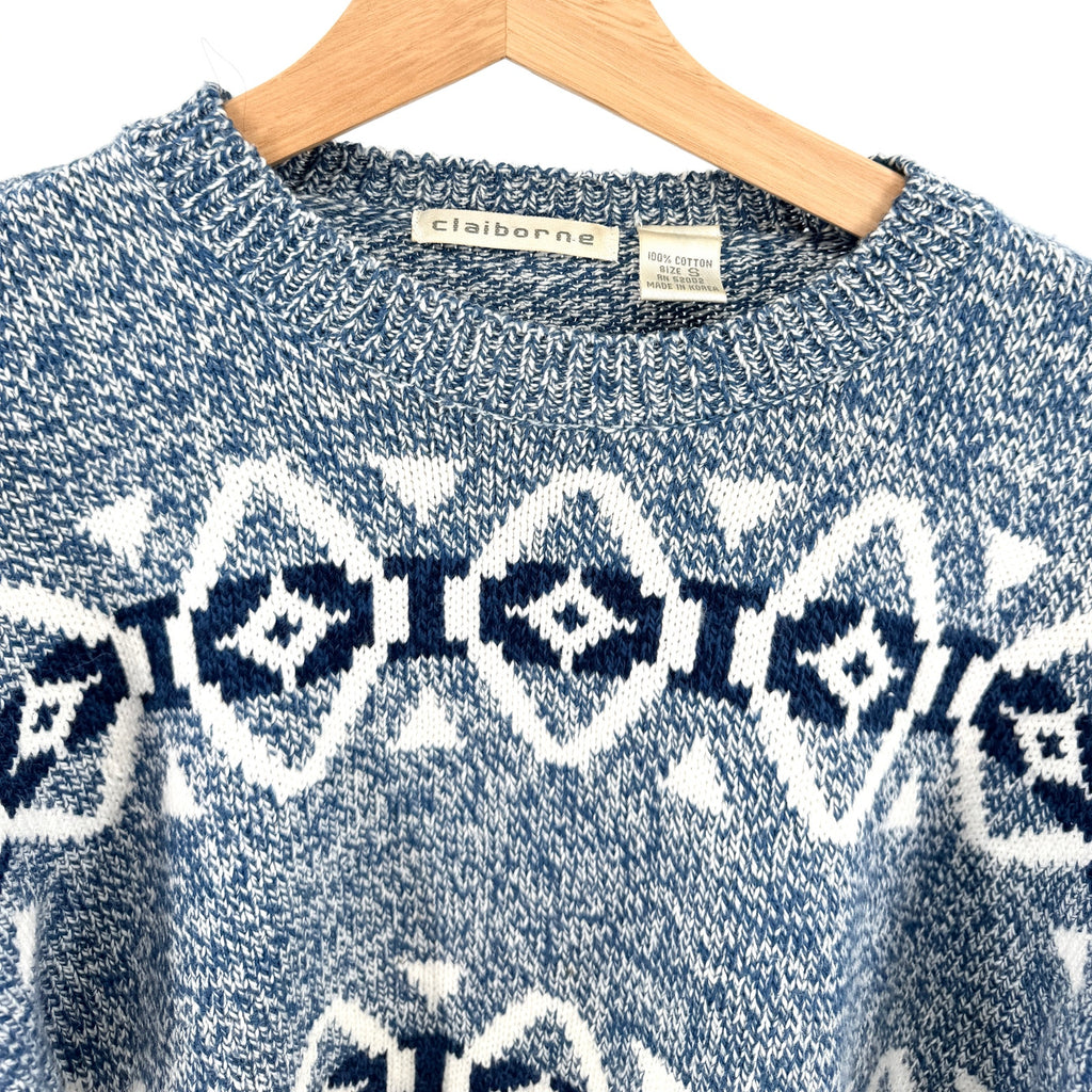 Vintage 90s Claiborne Blue 100% Cotton Geometric Fair Isle Crewneck Sweater