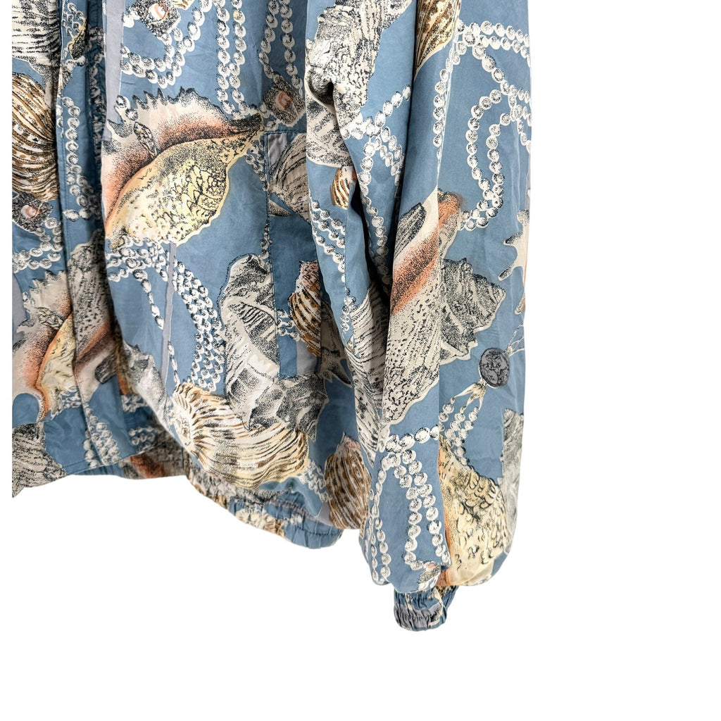 Vintage 90s Coaco Blue Silk Seashell Pearl Print Bomber Jacket