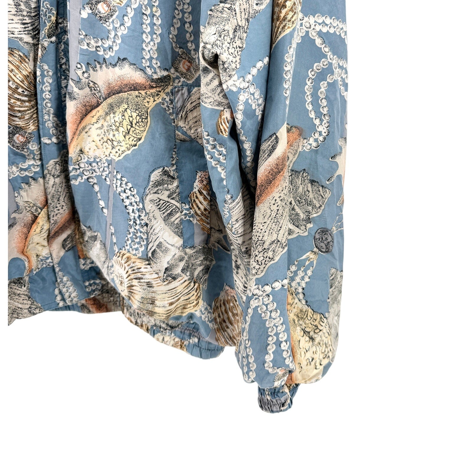 Vintage 90s Coaco Blue Silk Seashell Pearl Print Bomber Jacket