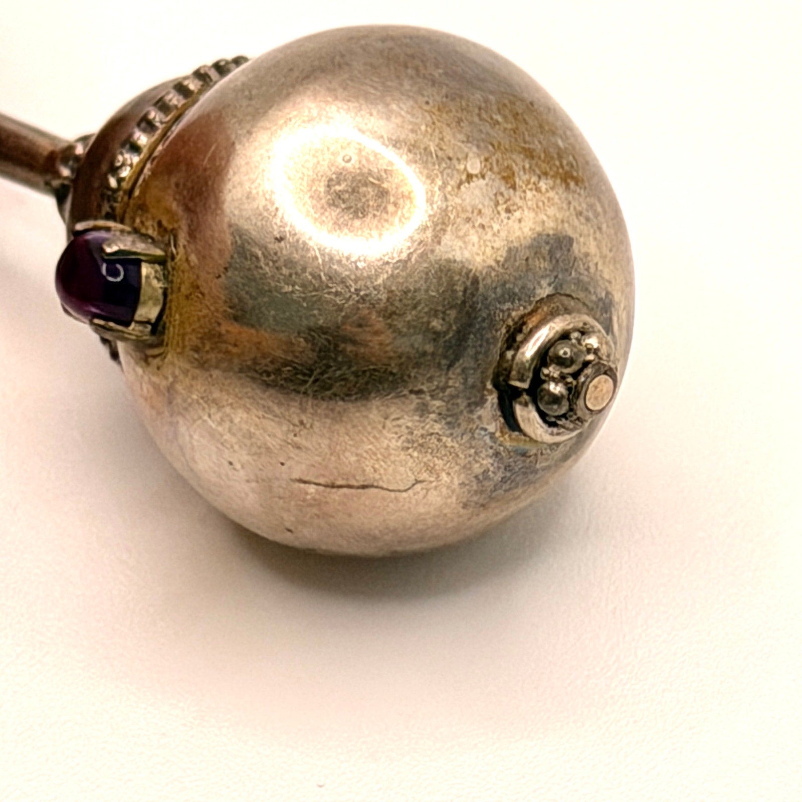 Vintage 90s Sterling Silver Amethyst Sculptural Maraca Pendant