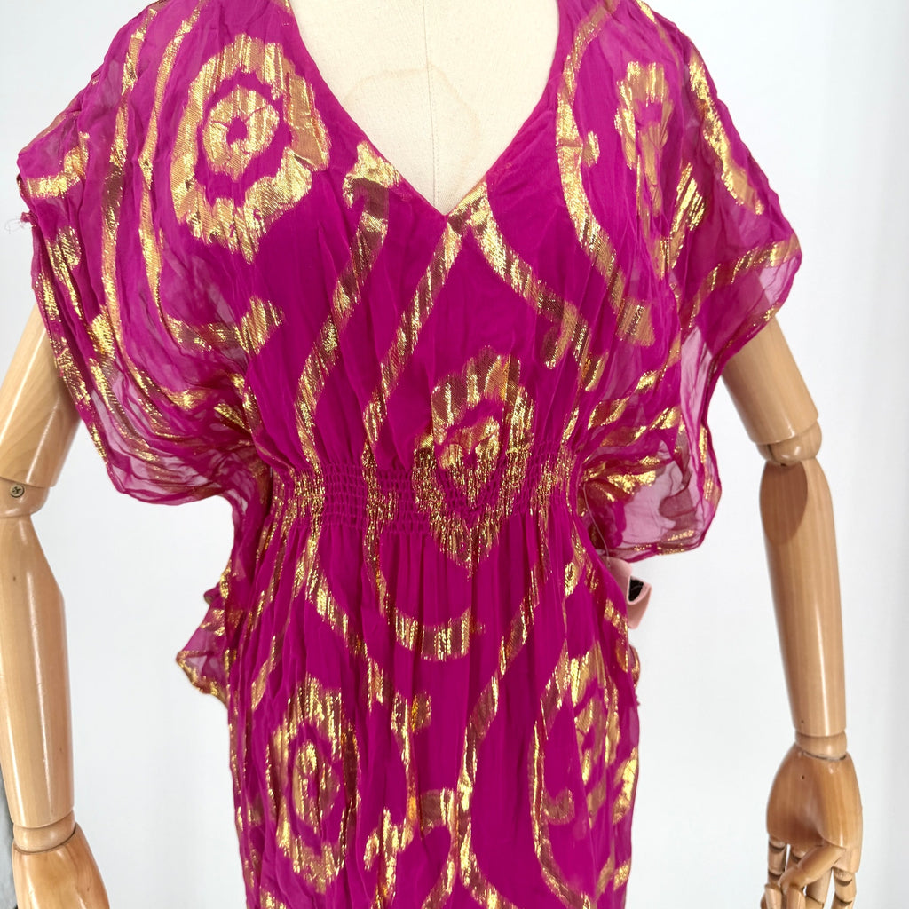 Oleg Cassini Magenta Gold Metallic Lurex Glam Silk Blend Mini Dress