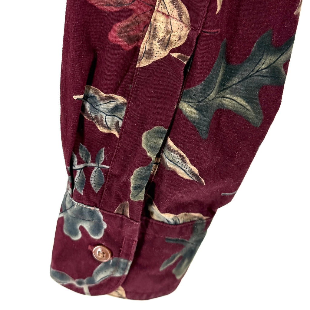 Vintage 90s Chaps Ralph Lauren Maroon 100% Cotton Leaf Print Button Up