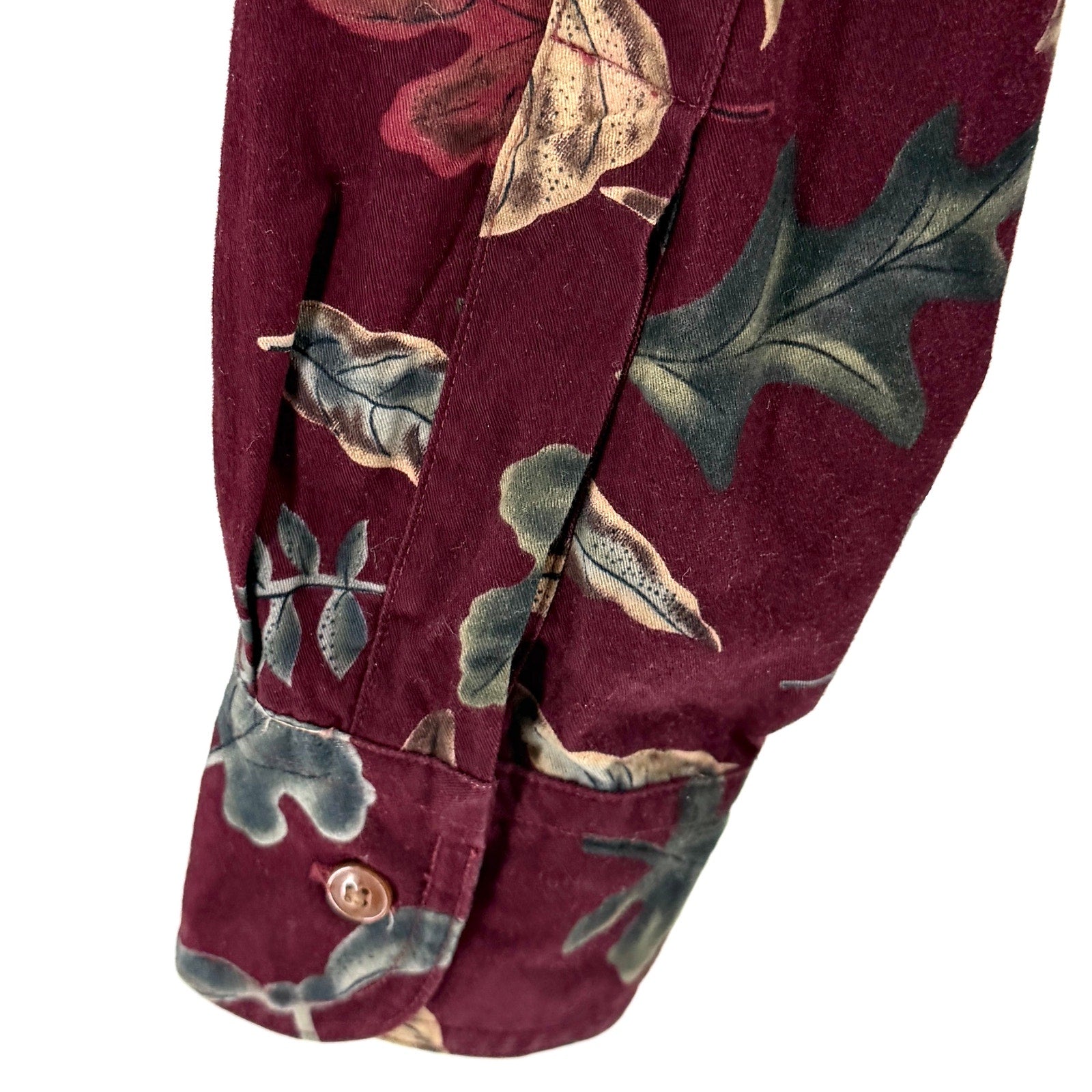 Vintage 90s Chaps Ralph Lauren Maroon 100% Cotton Leaf Print Button Up