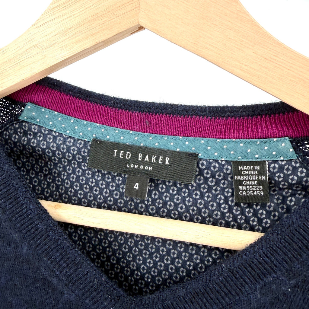 Ted Baker Navy Blue 100% Merino Wool Minimalist V-Neck Sweater