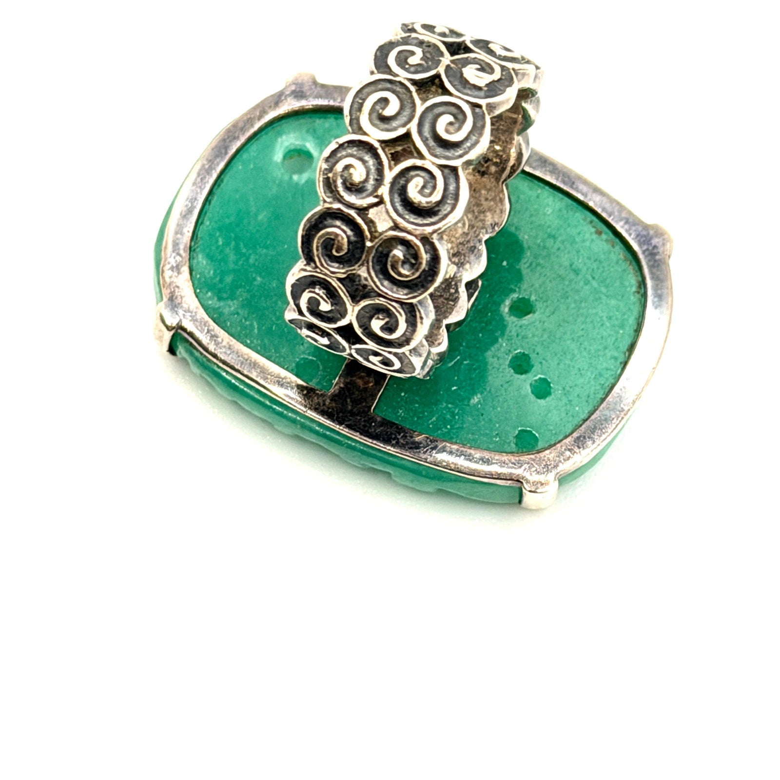 Vintage Y2K Amy Kahn Russell Signed Sterling Silver Carved Jade Statement Ring