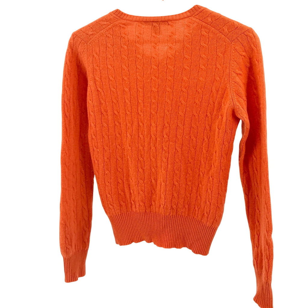 Just Cashmere by Forte Orange Sherbet 100% Cashmere Cable Knit V-Neck Sweater
