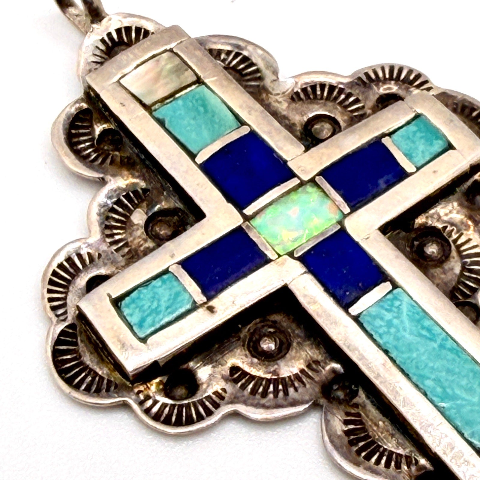 Vintage Signed Zuni Blue Sterling Silver Lapis Turquoise Inlay Cross Pendant