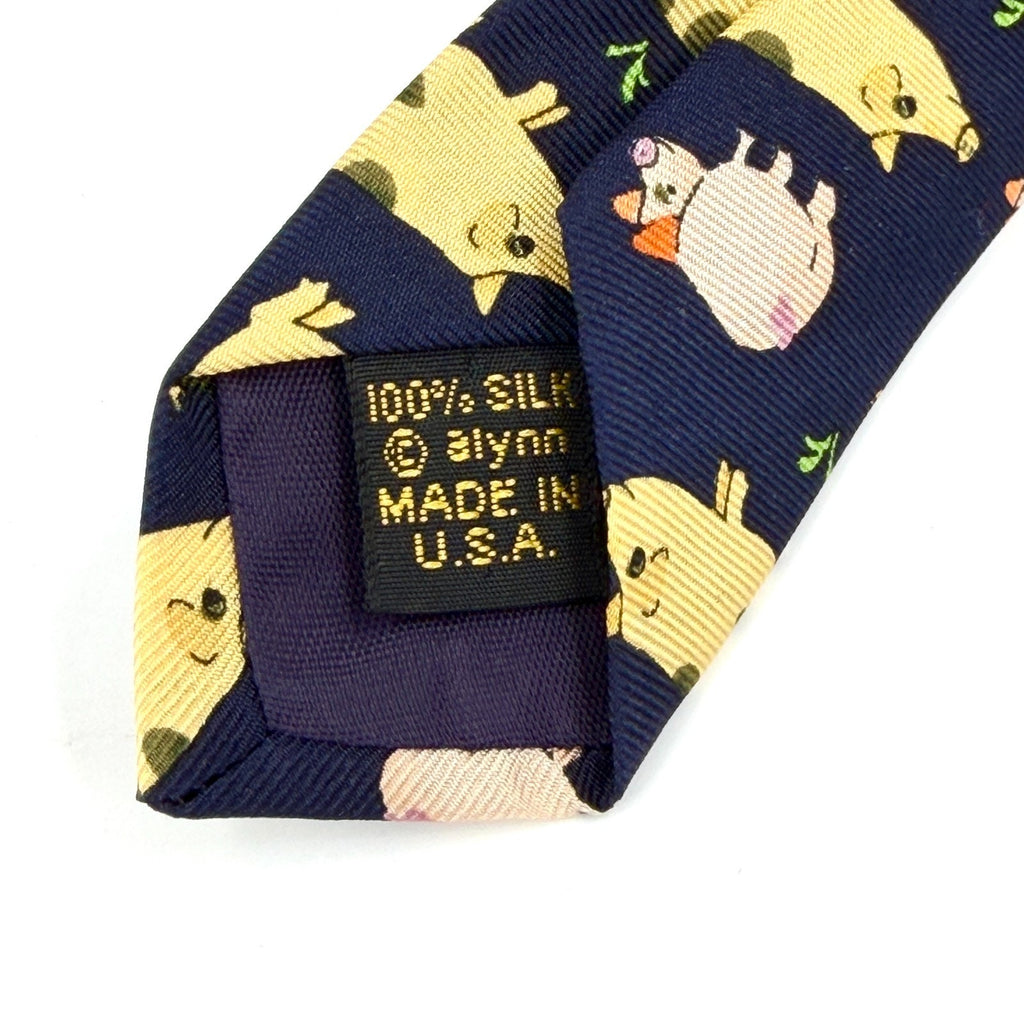 Vintage 90s Alynn Neckwear Navy Silk Oink Pig Novelty Necktie