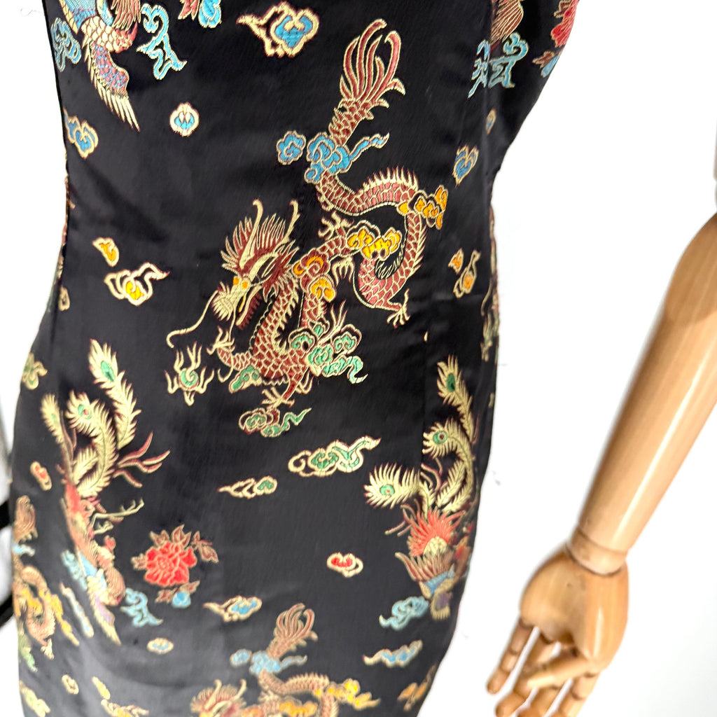 Vintage Y2K Lian Lin Black Metallic Dragon Phoenix Cheongsam Qipao Maxi Dress