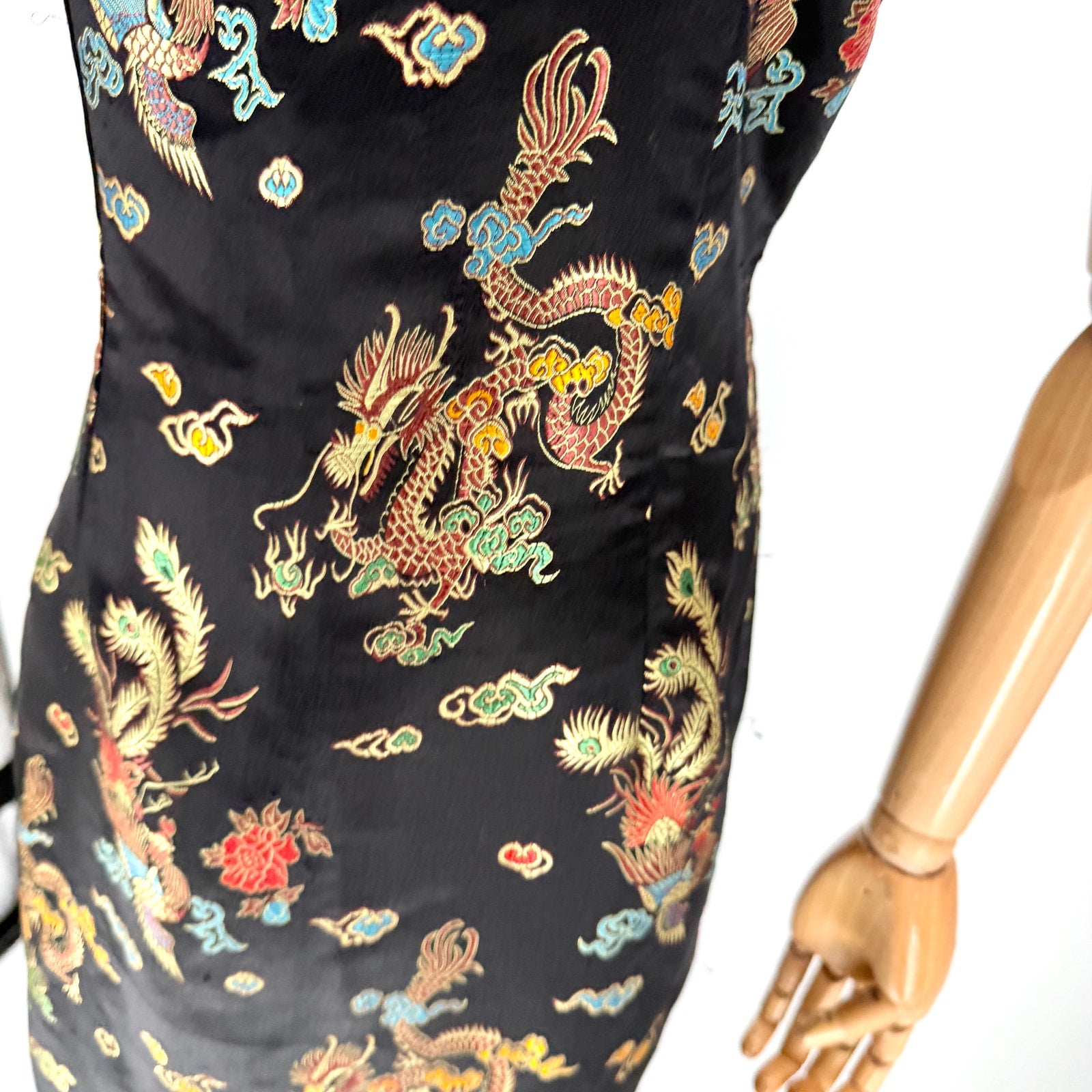 Vintage Y2K Lian Lin Black Metallic Dragon Phoenix Cheongsam Qipao Maxi Dress