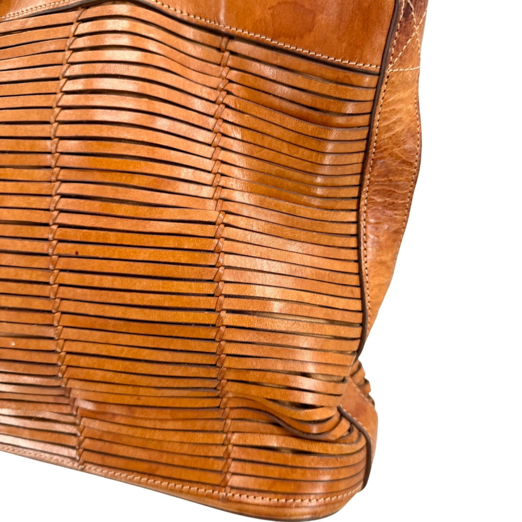 Vintage Y2K Me Too Cognac Genuine Leather Woven Structured Tote