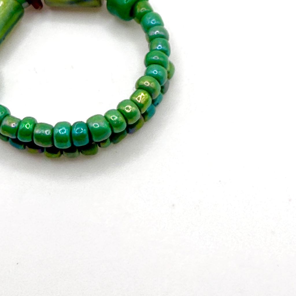 Vintage 90s Green Glass Seed Bead Sterling Silver Dangle Wrap Boho Ring