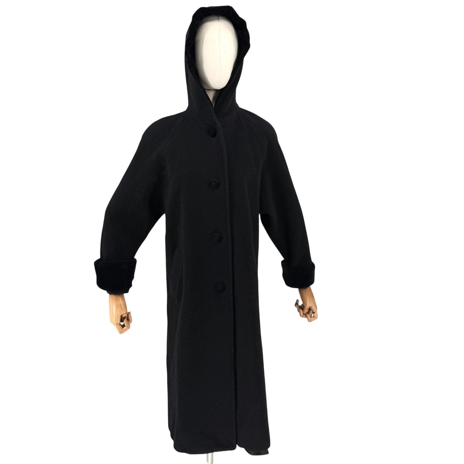 Vintage 90s Worthington Black 100% Wool Velvet Trim Hooded Long Overcoat