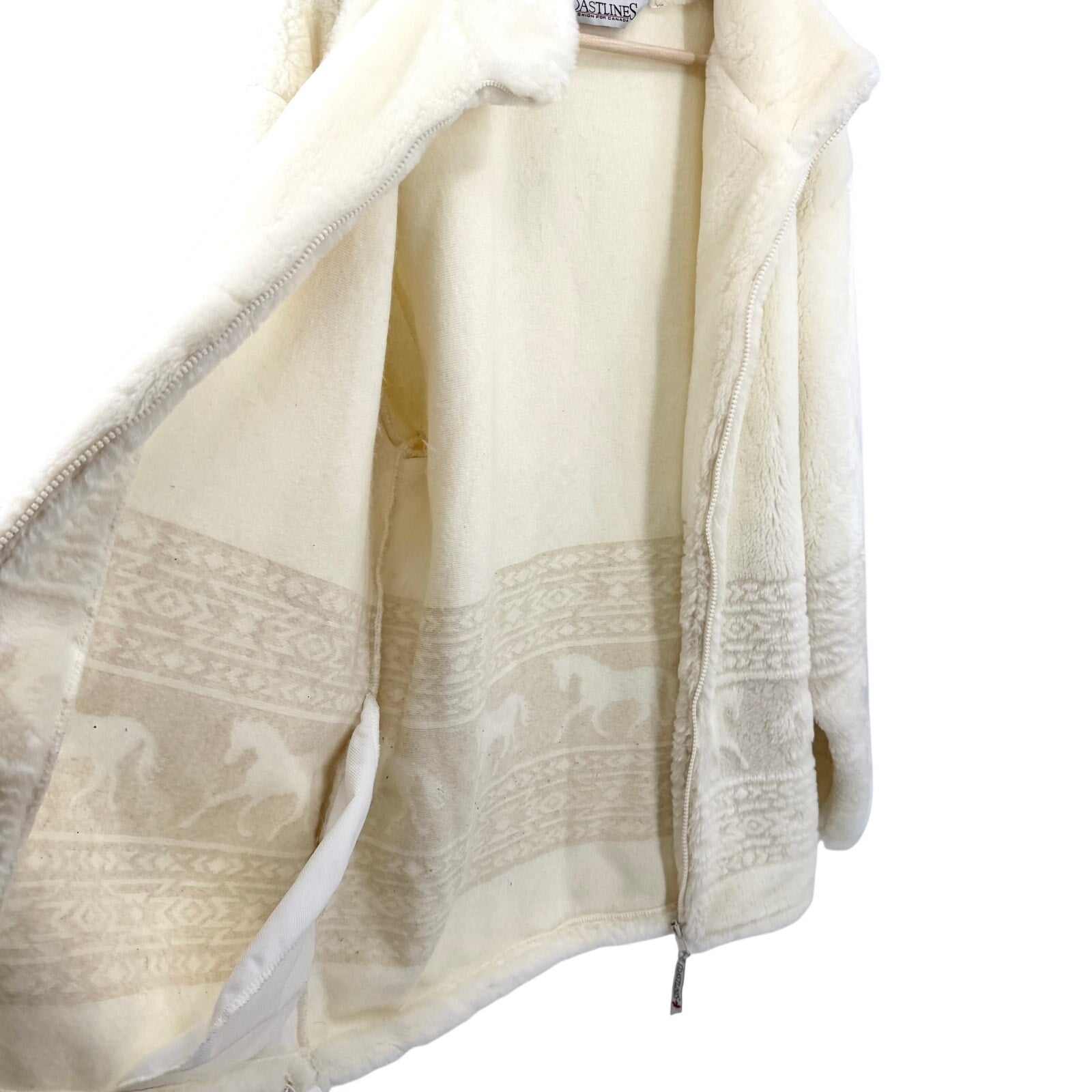 Vintage 90s Coastlines Cream Faux Fur Fair Isle Sheared Horse Zip Up Jacket