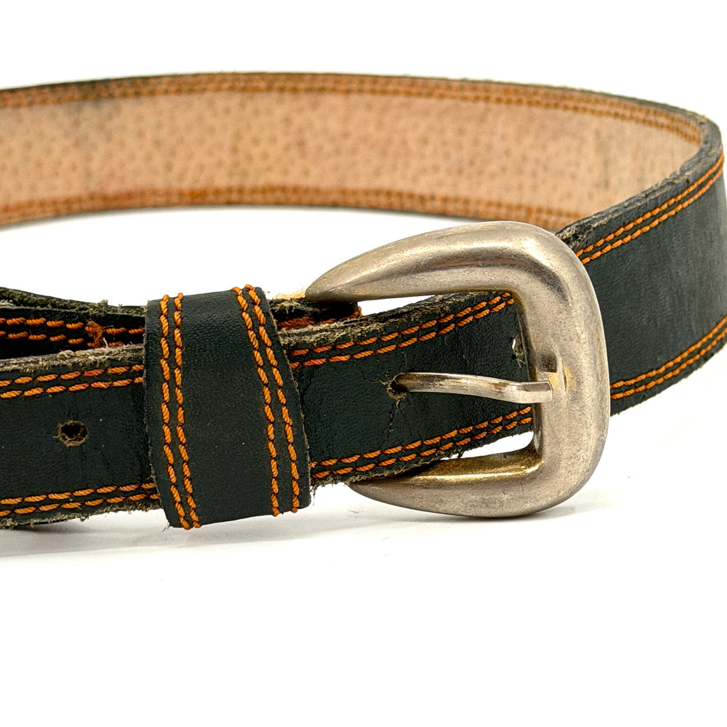 Vintage 90s Forest Green Genuine Leather Belt with Orange Stitching