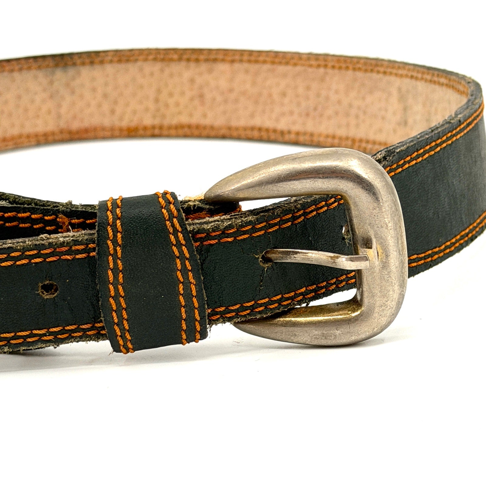 Vintage 90s Forest Green Genuine Leather Belt with Orange Stitching