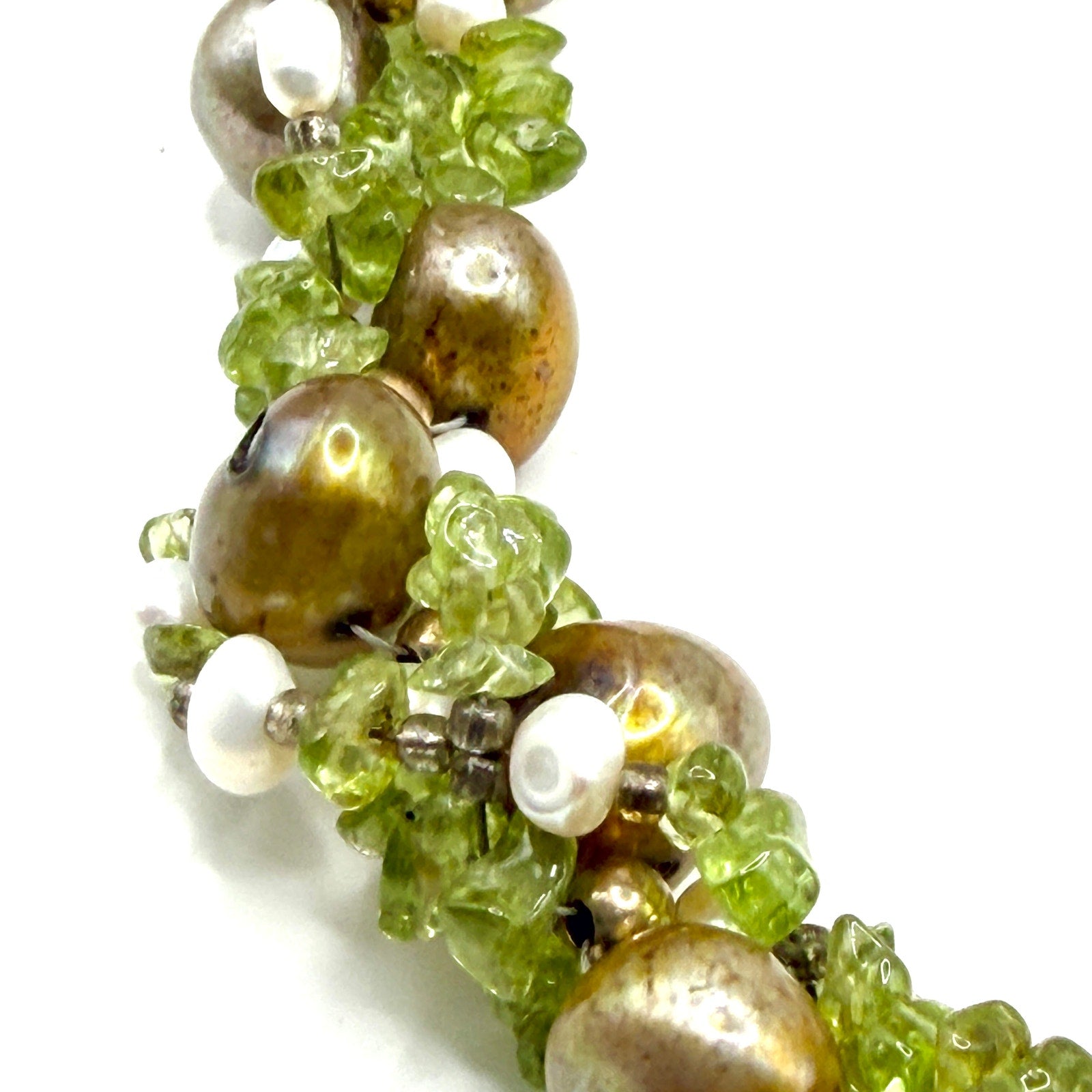 Vintage 90s Green Peridot Bronze Freshwater Pearl Cluster Necklace
