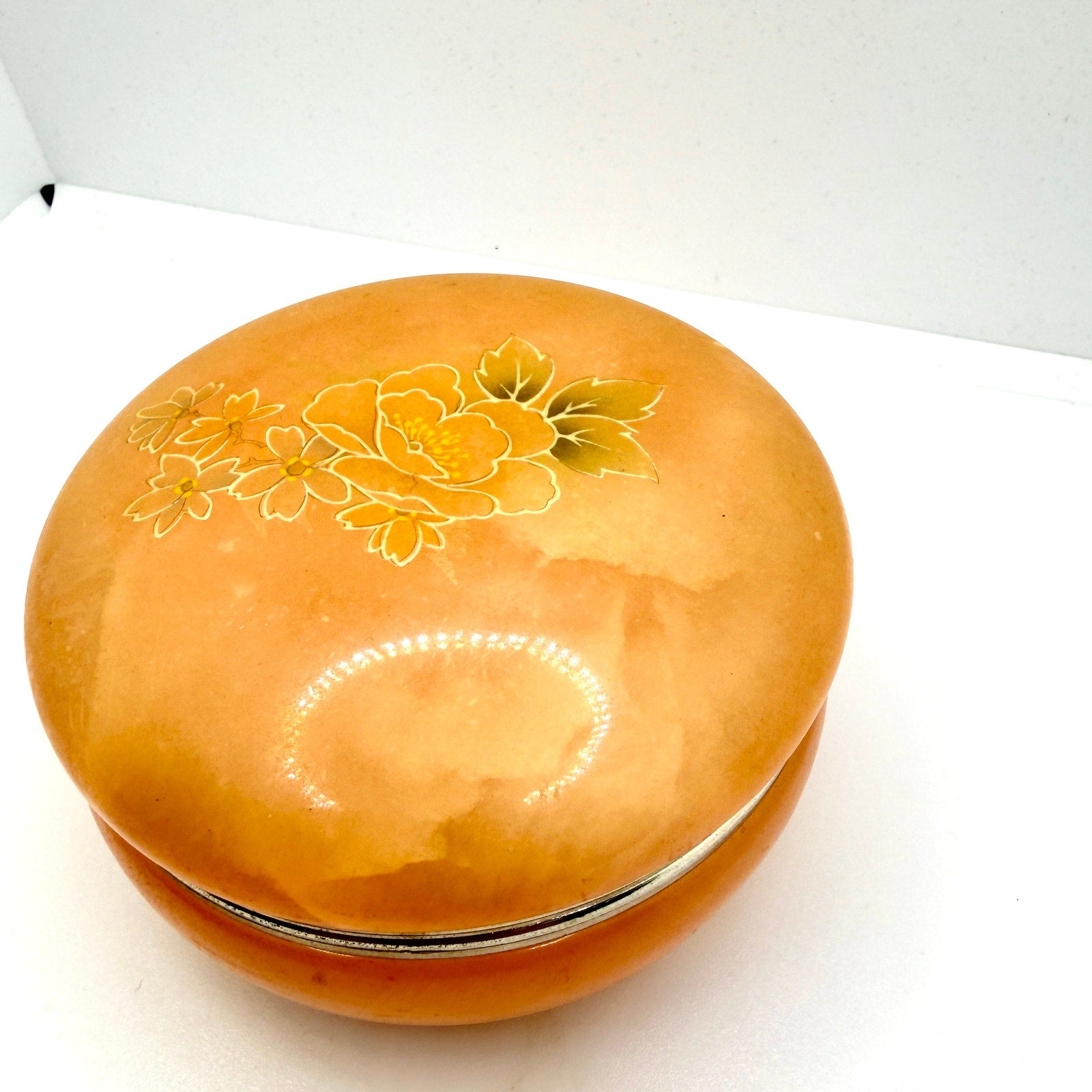 Vintage 70s Italian Hand Carved Peach Alabaster Hand Painted Round Trinket Box