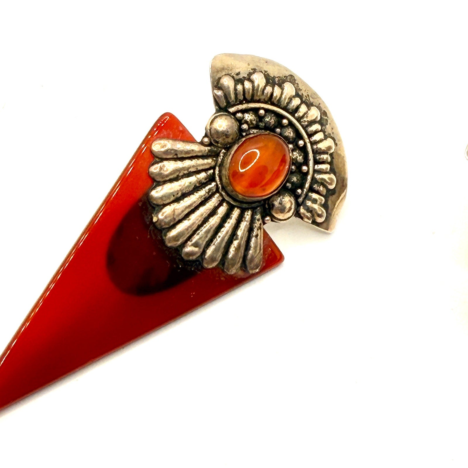 Vintage 90s Amber Resin Sterling Silver Carnelian Art Deco Revival Stud Earrings