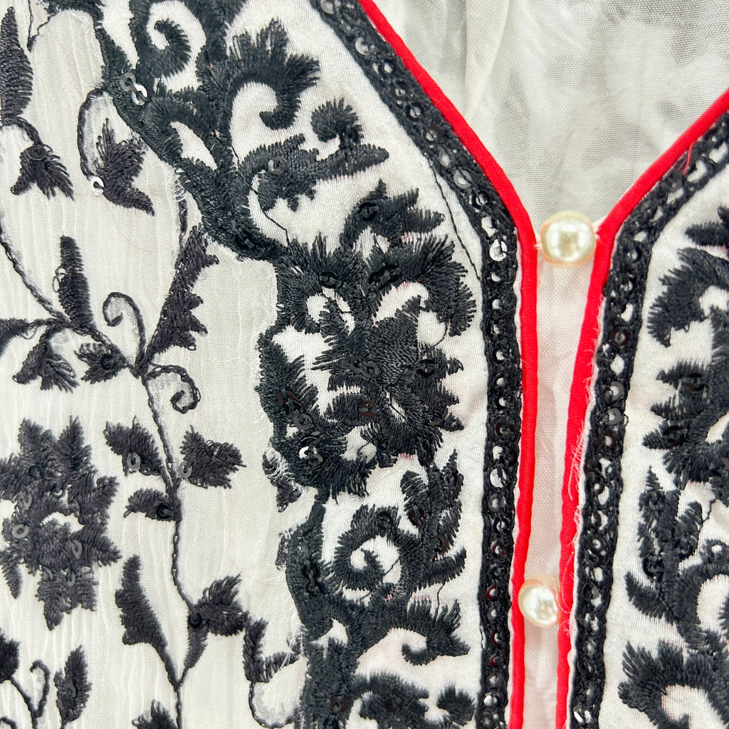 Vintage Y2K Chiffon Studio Black White Embroidered Silk Indian Kurta
