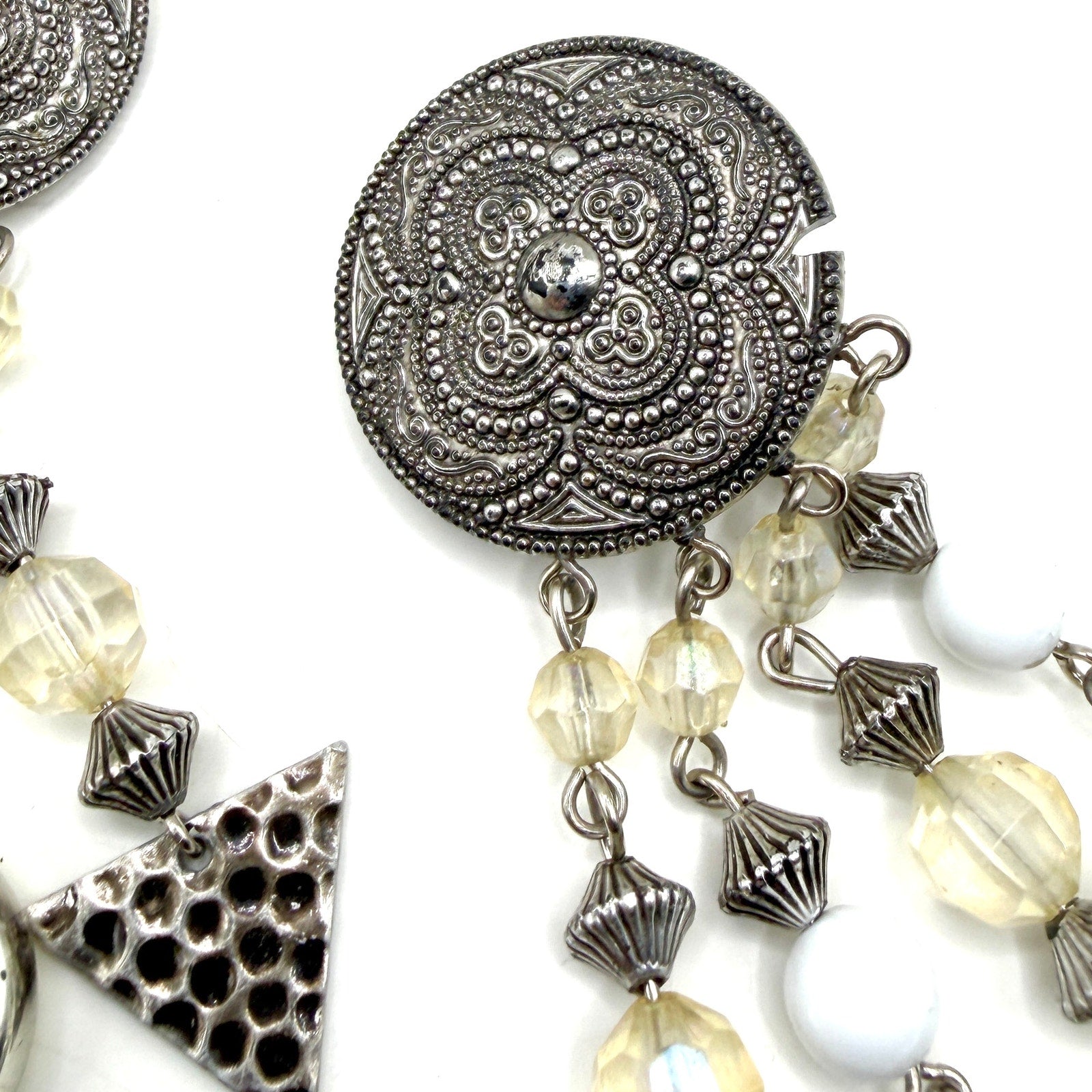 Vintage 80s Silver White Lucite Geometric Chandelier Statement Clip On Earrings