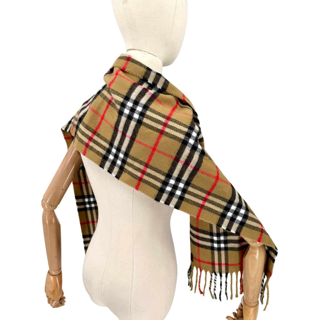 Vintage 90s Tan Red Tartan Wool Cashmere Winter Scarf