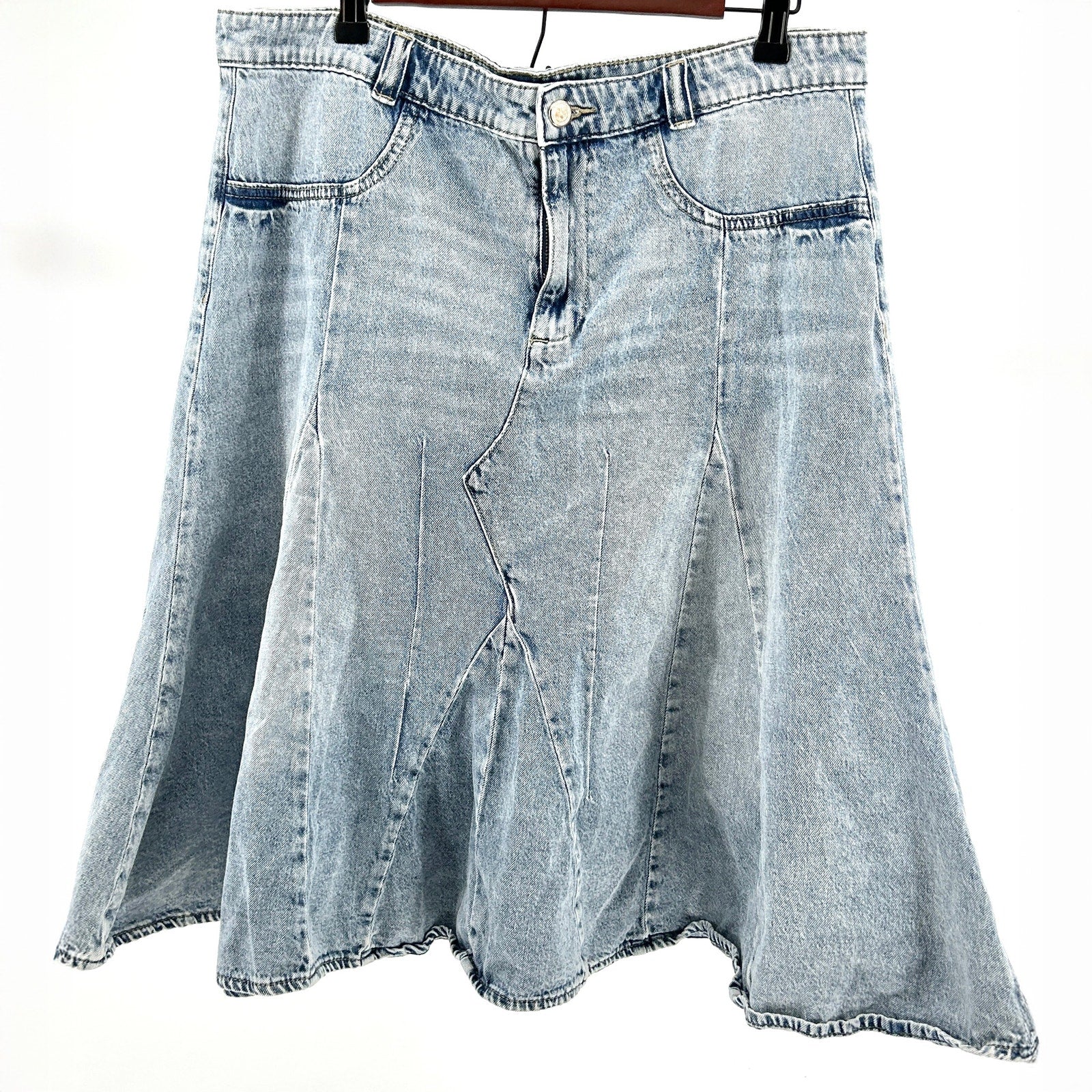 Rebecca Minkoff Light Blue Acid Wash Deconstructed Denim Midi Skirt