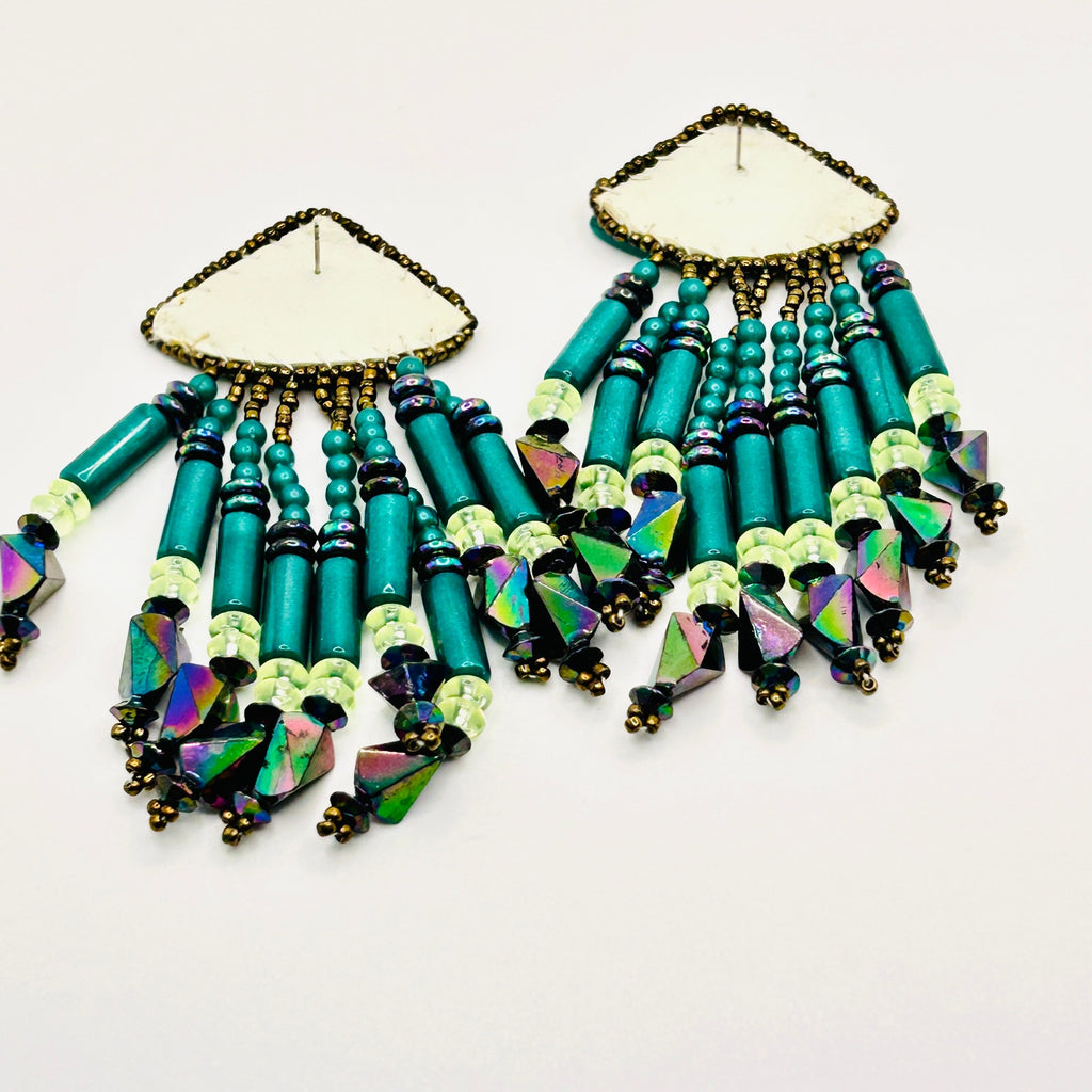 Vintage 80s Handmade Teal Turquoise Beaded Fringe Statement Earrings