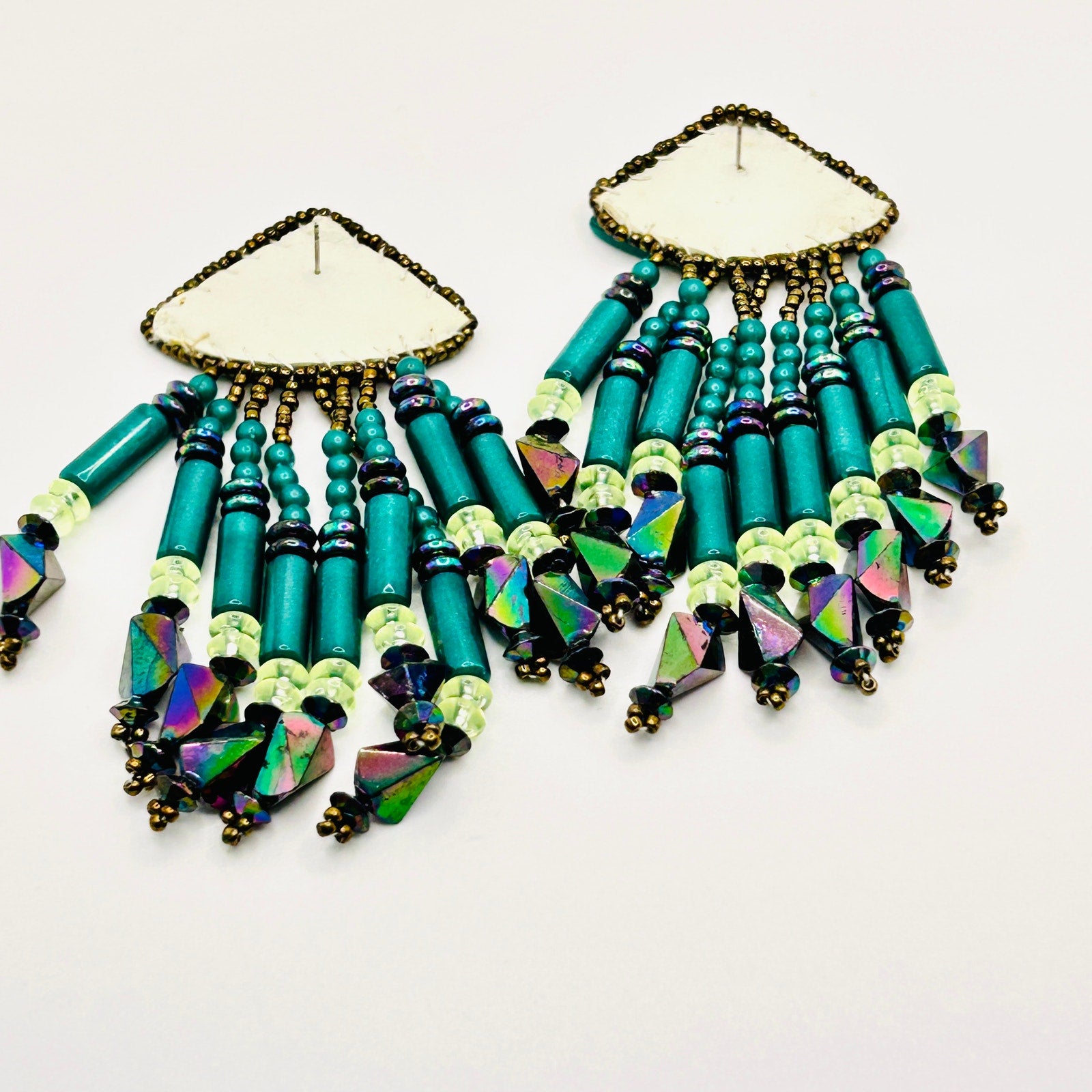 Vintage 80s Handmade Teal Turquoise Beaded Fringe Statement Earrings
