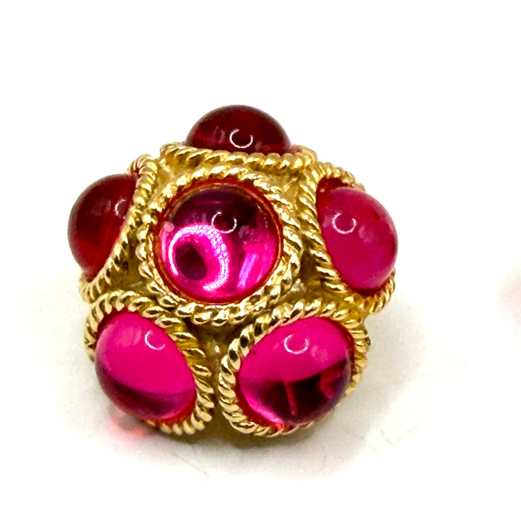 Vintage 80s Pink Red Glass Chunky Rope Border Clip On Cluster Earrings