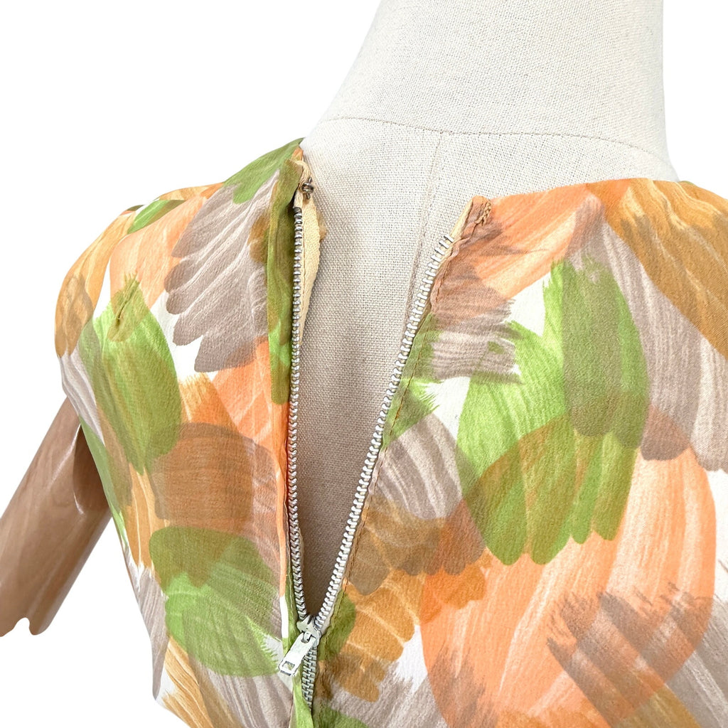 Vintage 60s Green Orange Brush Stroke Shift Garden Party Midi Pencil Dress