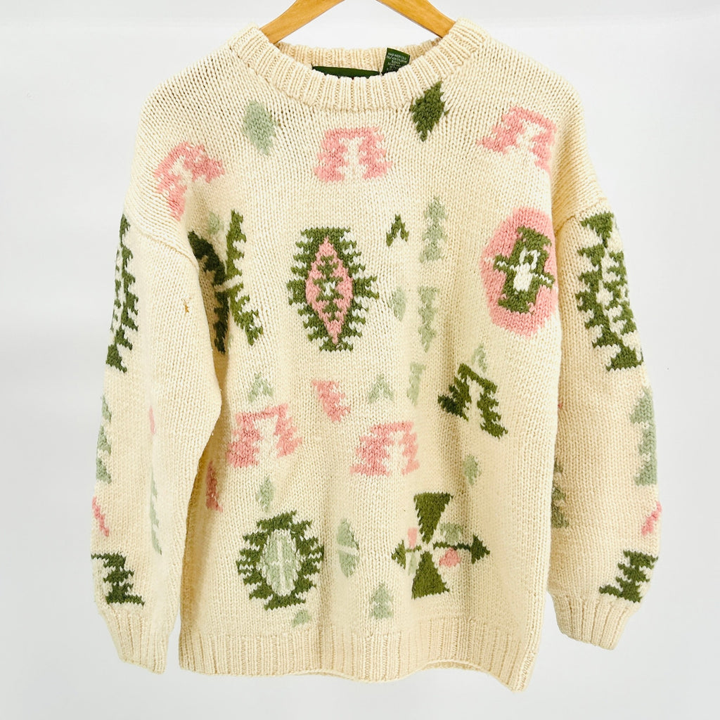 Vintage 80s Outback Red Cream Wool Heavy Knit Geometric Pastel Sweater