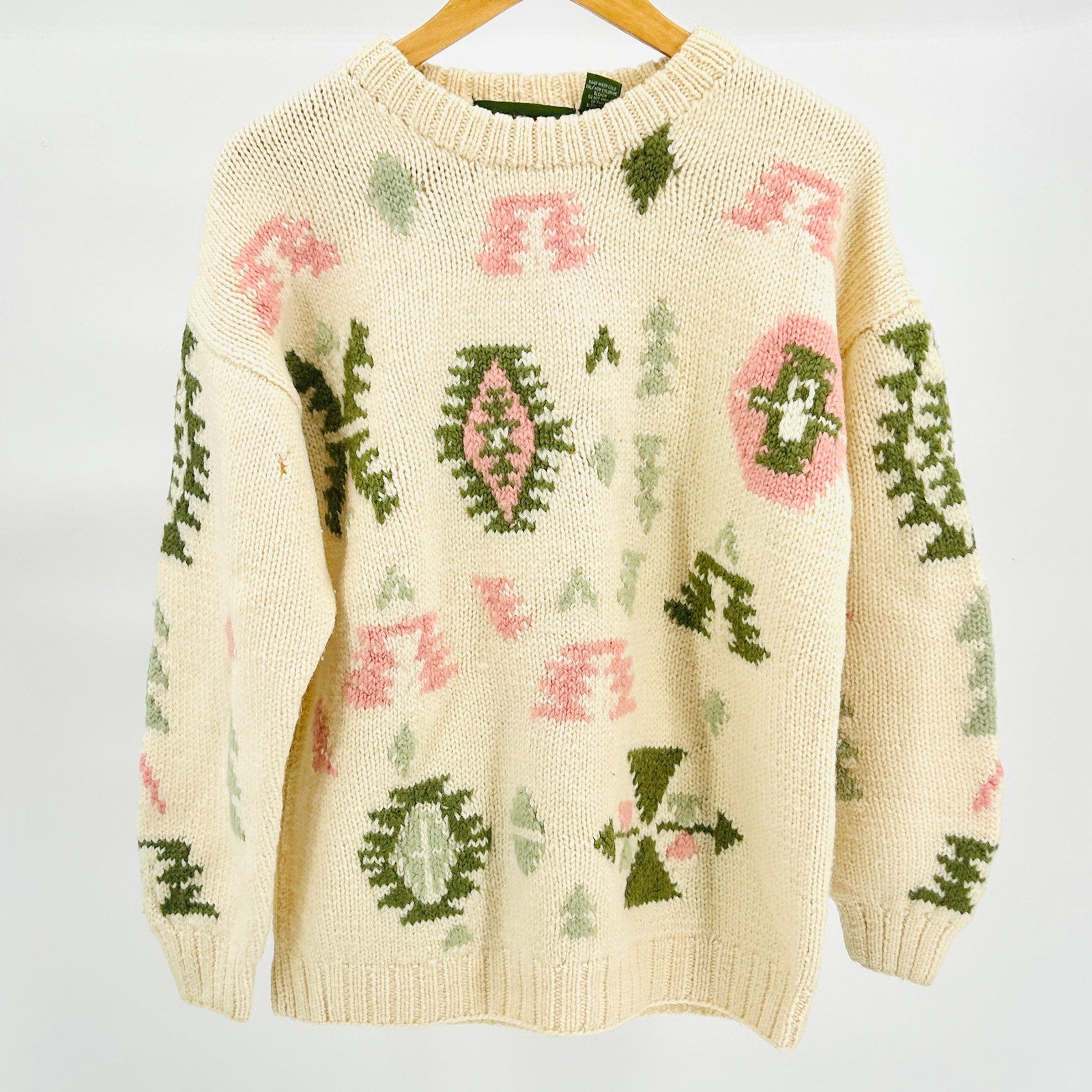 Vintage 80s Outback Red Cream Wool Heavy Knit Geometric Pastel Sweater