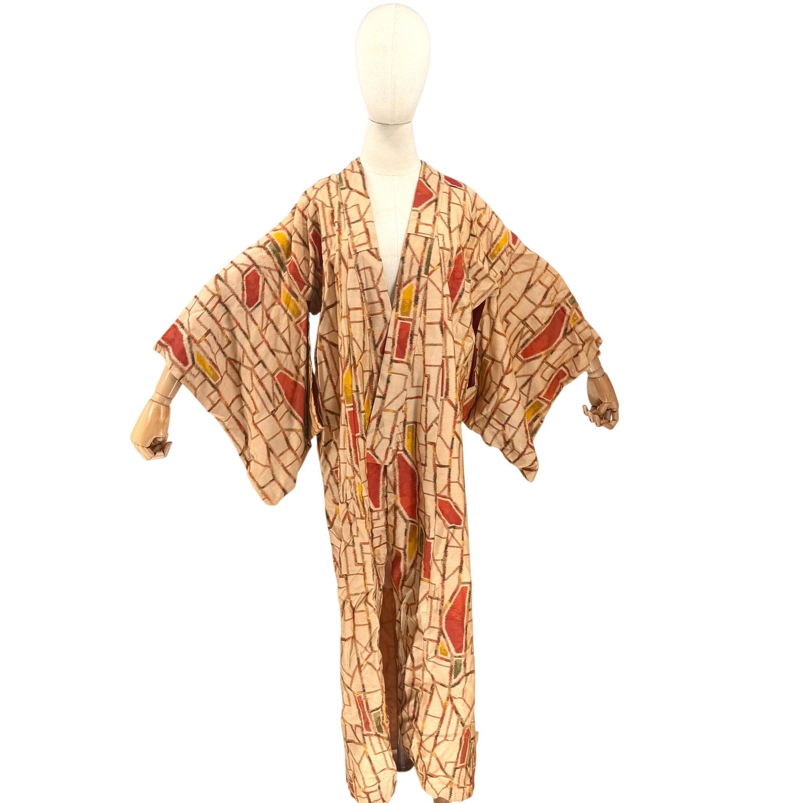 Vintage 60s Showa Era Beige Brick 100% Woven Kasuri Ikat Silk Kimono Robe